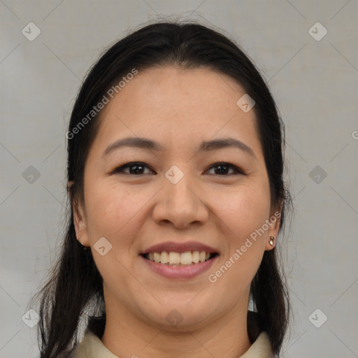 Joyful white young-adult female with medium  brown hair and brown eyes