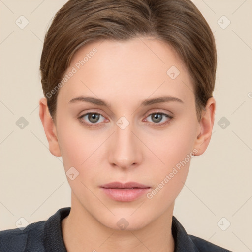 Neutral white young-adult female with short  brown hair and brown eyes