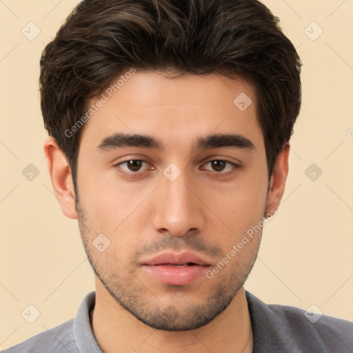 Neutral white young-adult male with short  brown hair and brown eyes