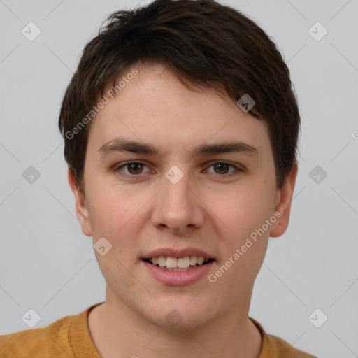 Joyful white young-adult female with short  brown hair and brown eyes