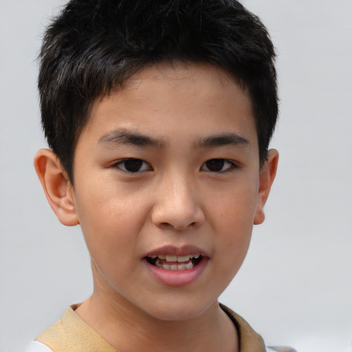 Joyful asian child male with short  brown hair and brown eyes