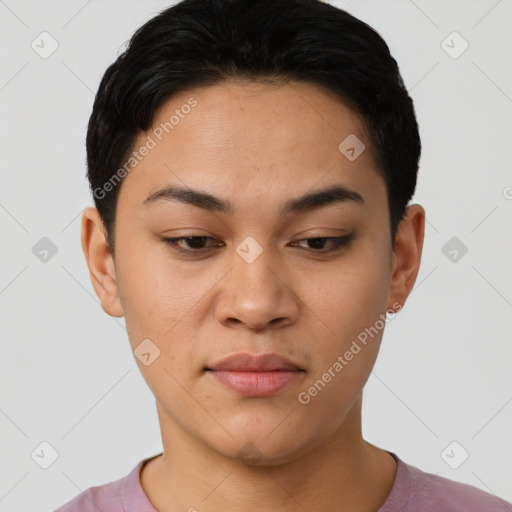 Joyful latino young-adult female with short  black hair and brown eyes