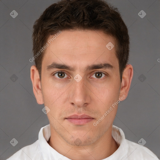 Neutral white young-adult male with short  brown hair and brown eyes