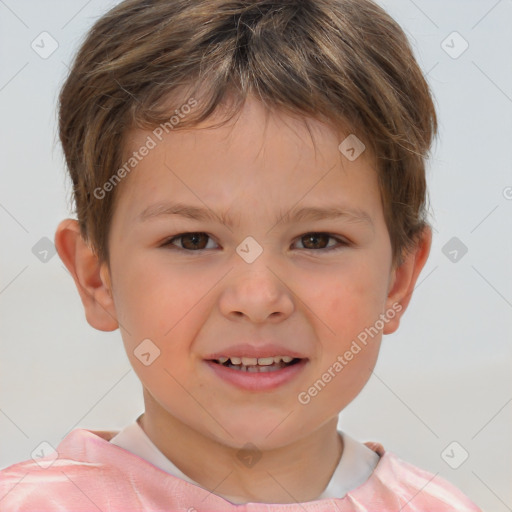 Joyful white child male with short  brown hair and brown eyes