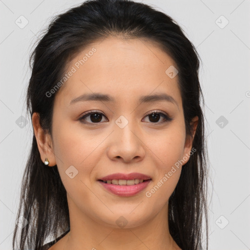 Joyful asian young-adult female with long  brown hair and brown eyes
