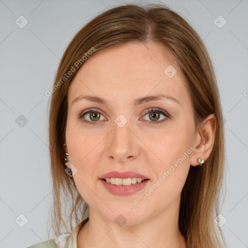 Joyful white young-adult female with medium  brown hair and grey eyes