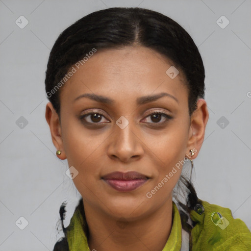 Joyful latino young-adult female with short  black hair and brown eyes