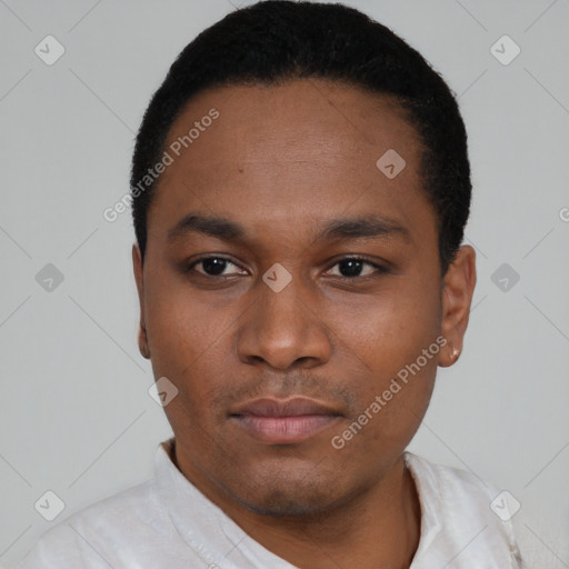 Neutral black young-adult male with short  black hair and brown eyes