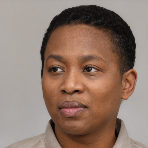 Joyful black young-adult female with short  black hair and brown eyes