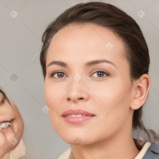 Neutral white young-adult female with medium  brown hair and brown eyes