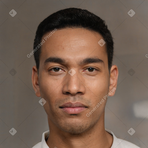 Neutral latino young-adult male with short  black hair and brown eyes