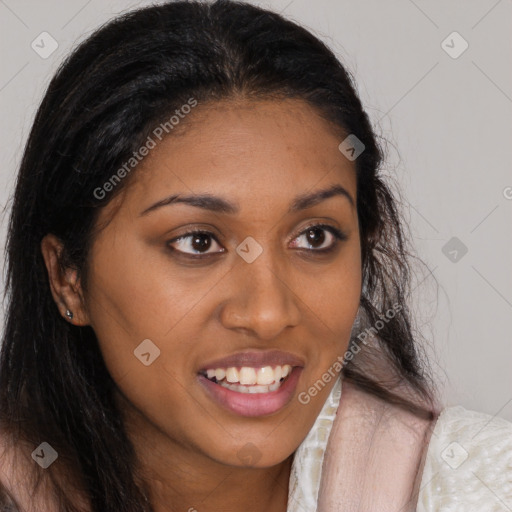 Joyful latino young-adult female with long  brown hair and brown eyes