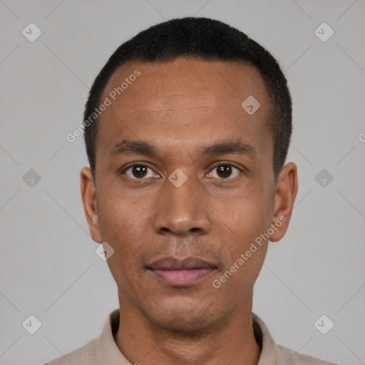 Neutral black young-adult male with short  black hair and brown eyes