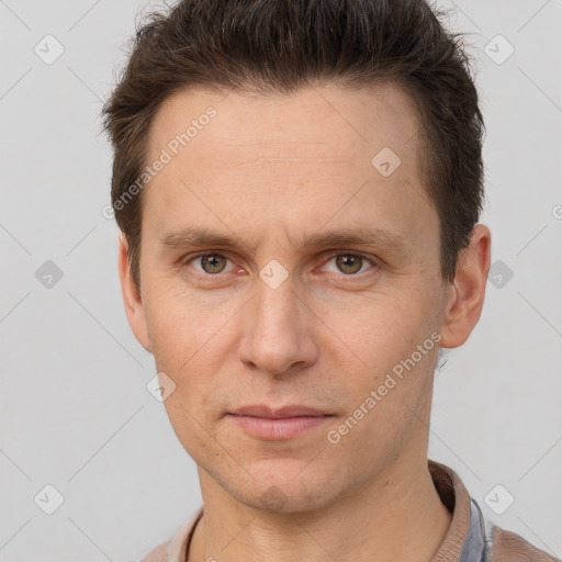 Neutral white adult male with short  brown hair and brown eyes