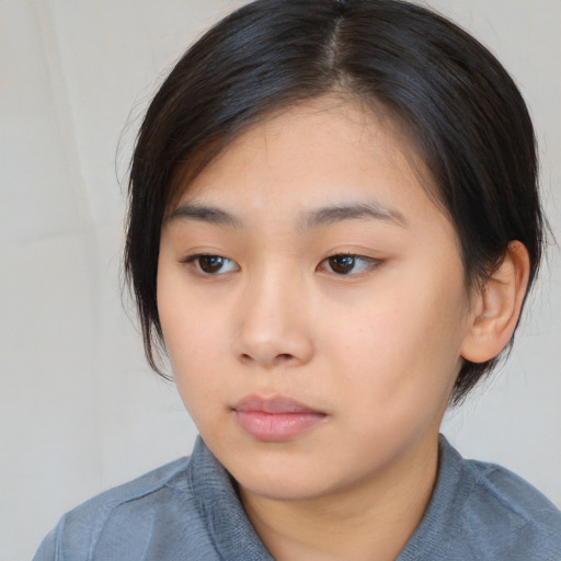 Neutral asian young-adult female with medium  brown hair and brown eyes