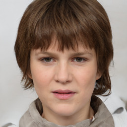 Neutral white young-adult female with medium  brown hair and grey eyes