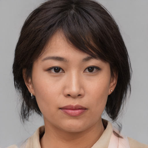 Neutral asian young-adult female with medium  brown hair and brown eyes
