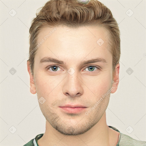 Neutral white young-adult male with short  brown hair and grey eyes