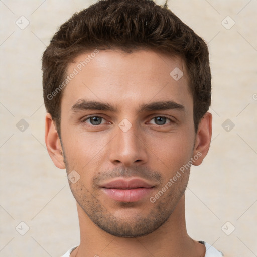 Neutral white young-adult male with short  brown hair and brown eyes