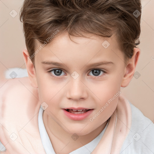 Joyful white child female with short  brown hair and brown eyes