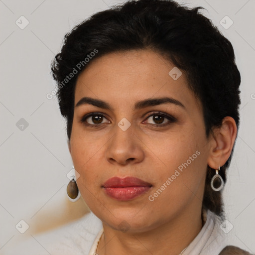 Joyful latino young-adult female with short  brown hair and brown eyes