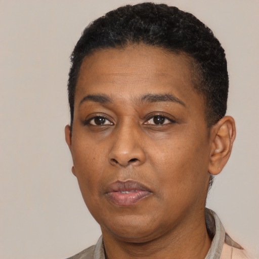 Neutral black adult female with short  black hair and brown eyes