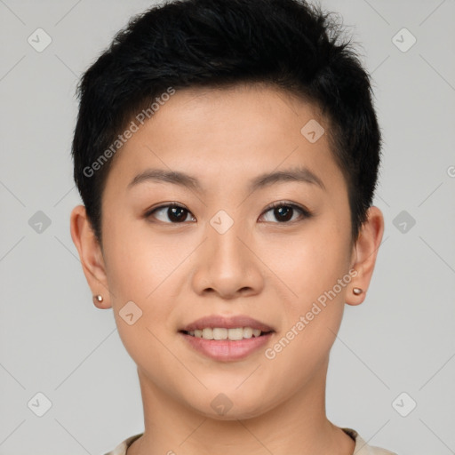 Joyful asian young-adult female with short  brown hair and brown eyes