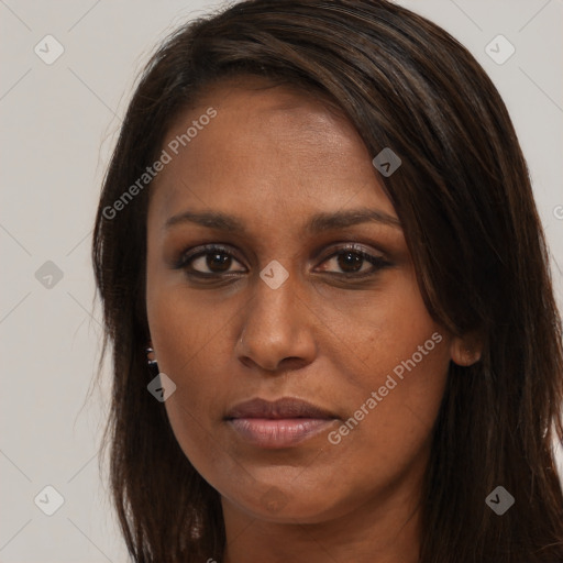 Joyful black young-adult female with long  brown hair and brown eyes