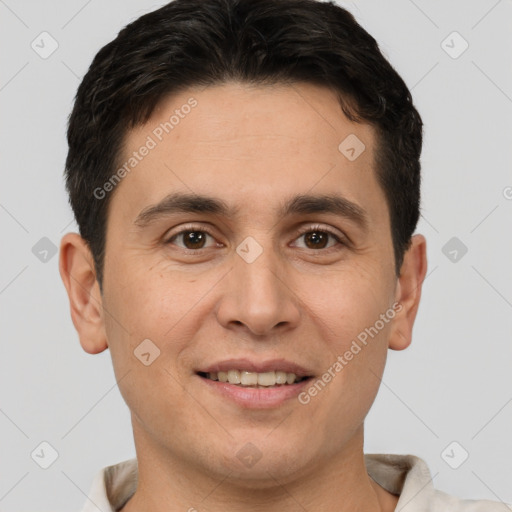 Joyful white young-adult male with short  brown hair and brown eyes