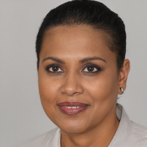 Joyful black young-adult female with short  brown hair and brown eyes