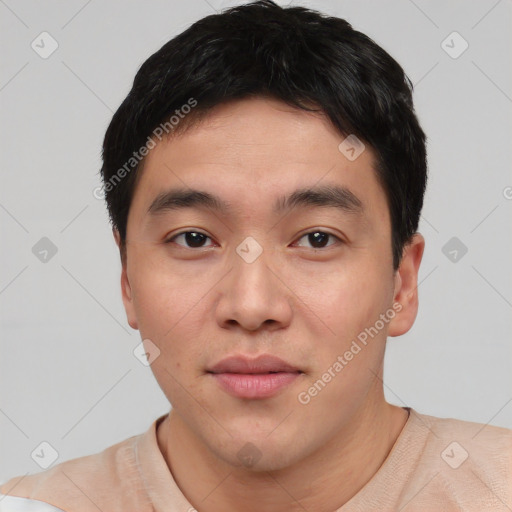 Neutral asian young-adult male with short  black hair and brown eyes