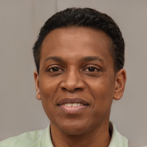 Joyful black adult male with short  black hair and brown eyes