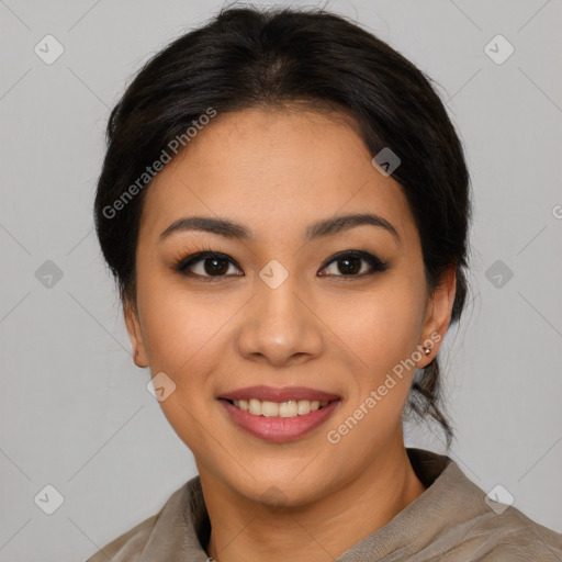 Joyful asian young-adult female with medium  brown hair and brown eyes