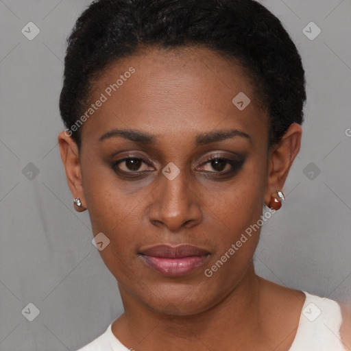 Neutral black young-adult female with short  black hair and brown eyes