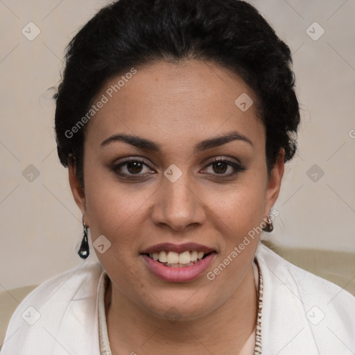 Joyful latino young-adult female with short  brown hair and brown eyes