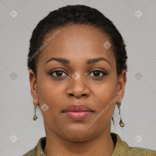 Joyful black young-adult female with short  brown hair and brown eyes