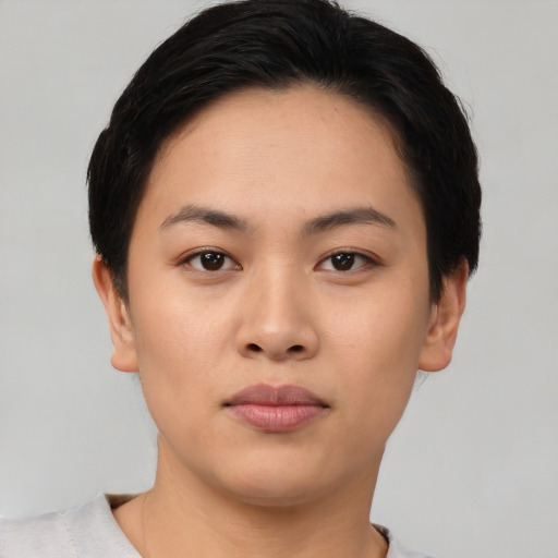 Neutral asian young-adult female with short  black hair and brown eyes