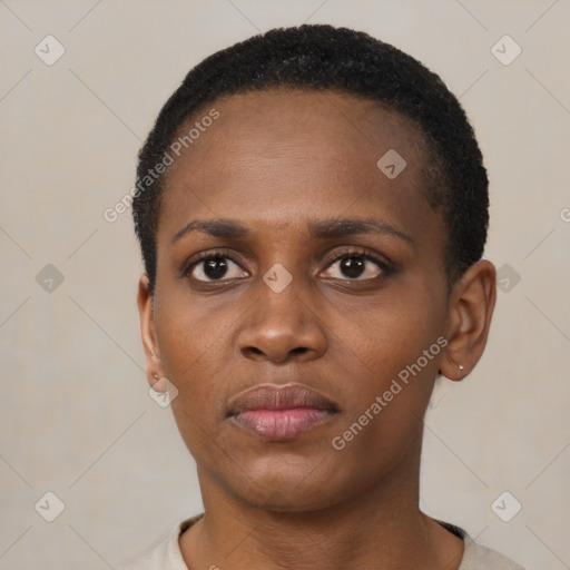 Neutral black young-adult female with short  black hair and brown eyes