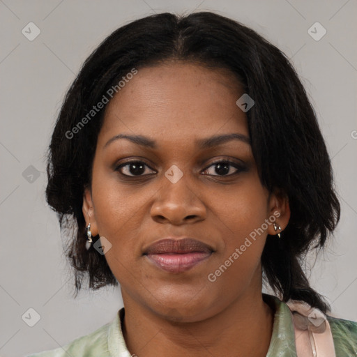Joyful asian young-adult female with medium  black hair and brown eyes