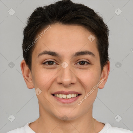 Joyful white young-adult female with short  brown hair and brown eyes