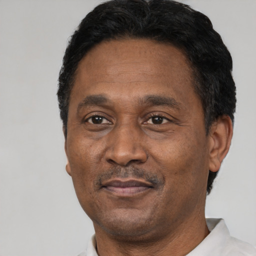 Joyful black adult male with short  black hair and brown eyes