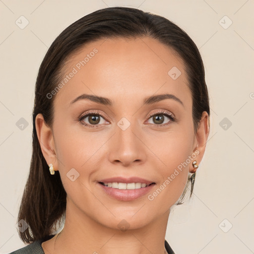 Joyful white young-adult female with medium  brown hair and brown eyes