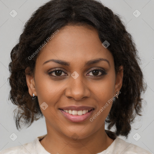 Joyful black young-adult female with medium  brown hair and brown eyes