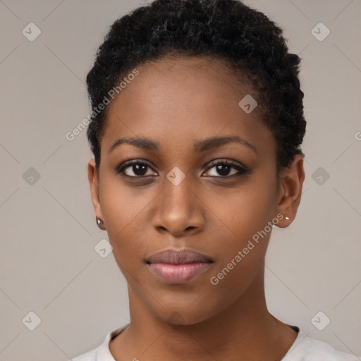 Neutral black young-adult female with short  black hair and brown eyes