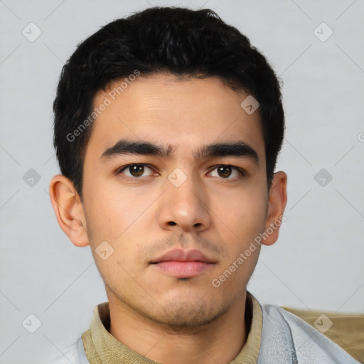 Neutral asian young-adult male with short  black hair and brown eyes