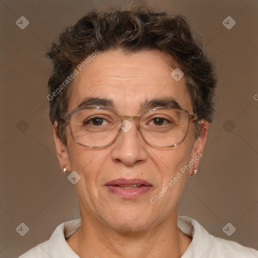 Joyful white middle-aged male with short  brown hair and brown eyes