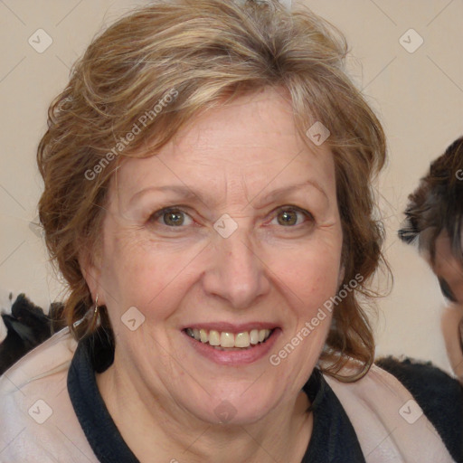 Joyful white middle-aged female with medium  brown hair and brown eyes