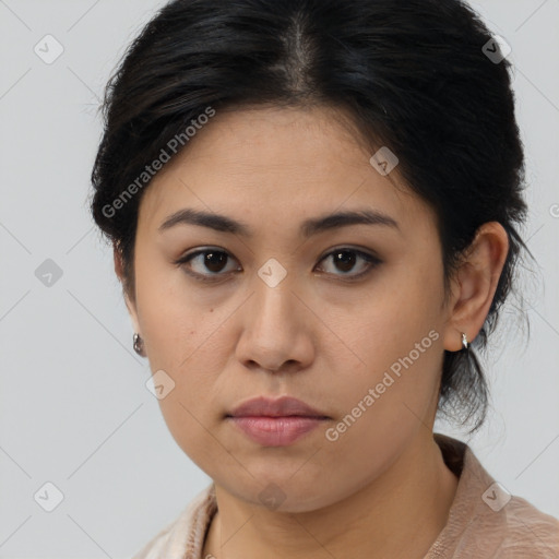 Neutral asian young-adult female with medium  brown hair and brown eyes