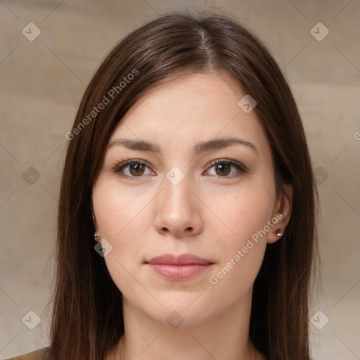 Neutral white young-adult female with long  brown hair and brown eyes