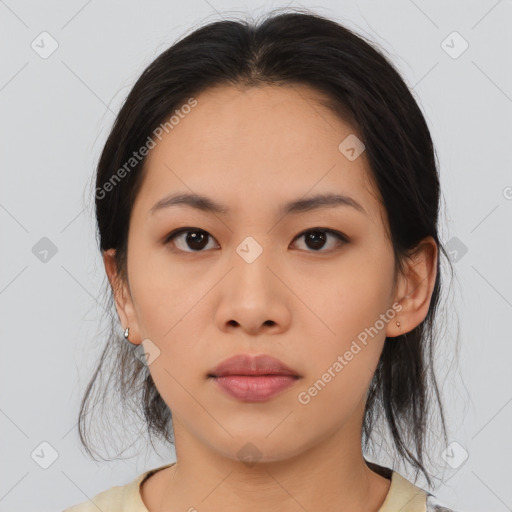 Neutral asian young-adult female with medium  brown hair and brown eyes